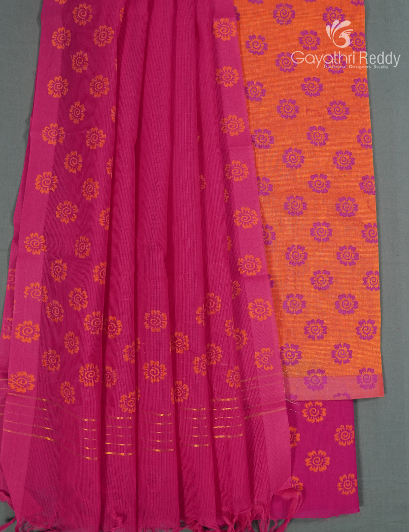 Cotton Dress Material Printed in Orange and Rani Pink
