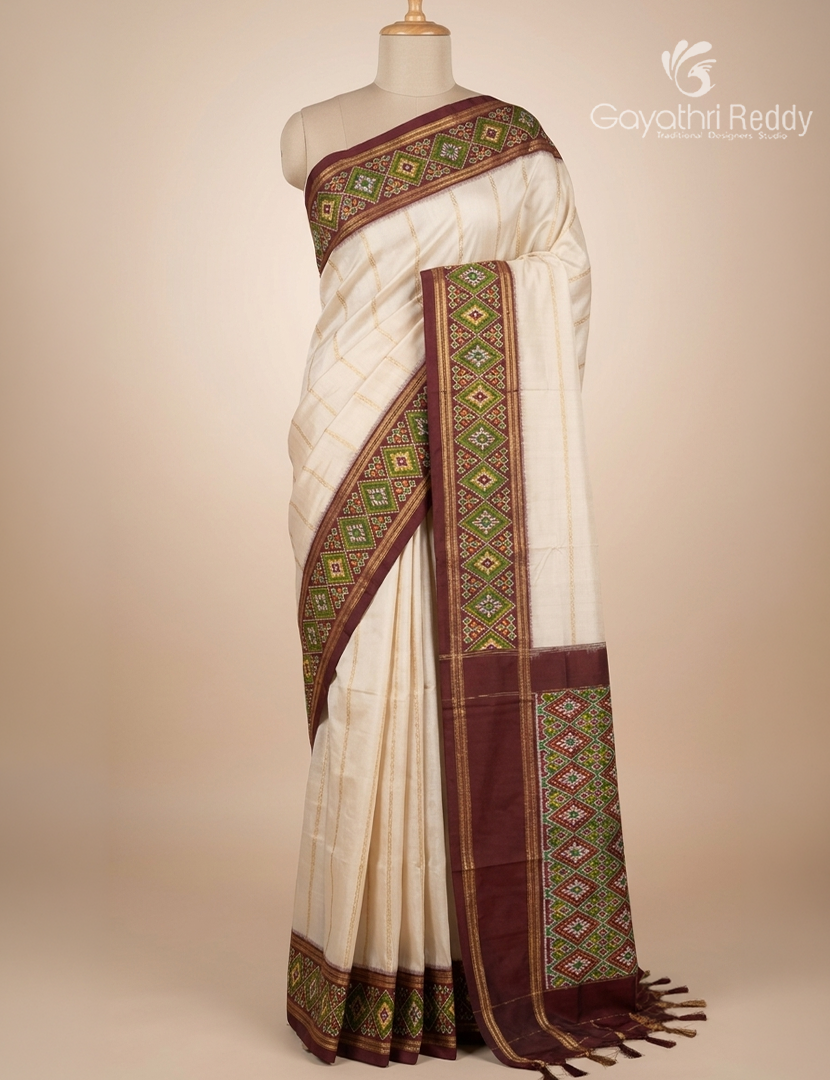 Pure Ikat Silk Saree in Off White and Brown