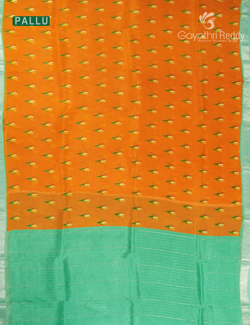 Mangalagiri Pattu Saree in Orange and Sea Foam Green
