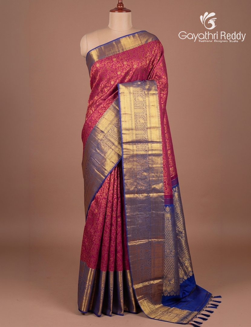 Pure Kanchipuram Bridal Silk Saree  in Deep Pink and Blue