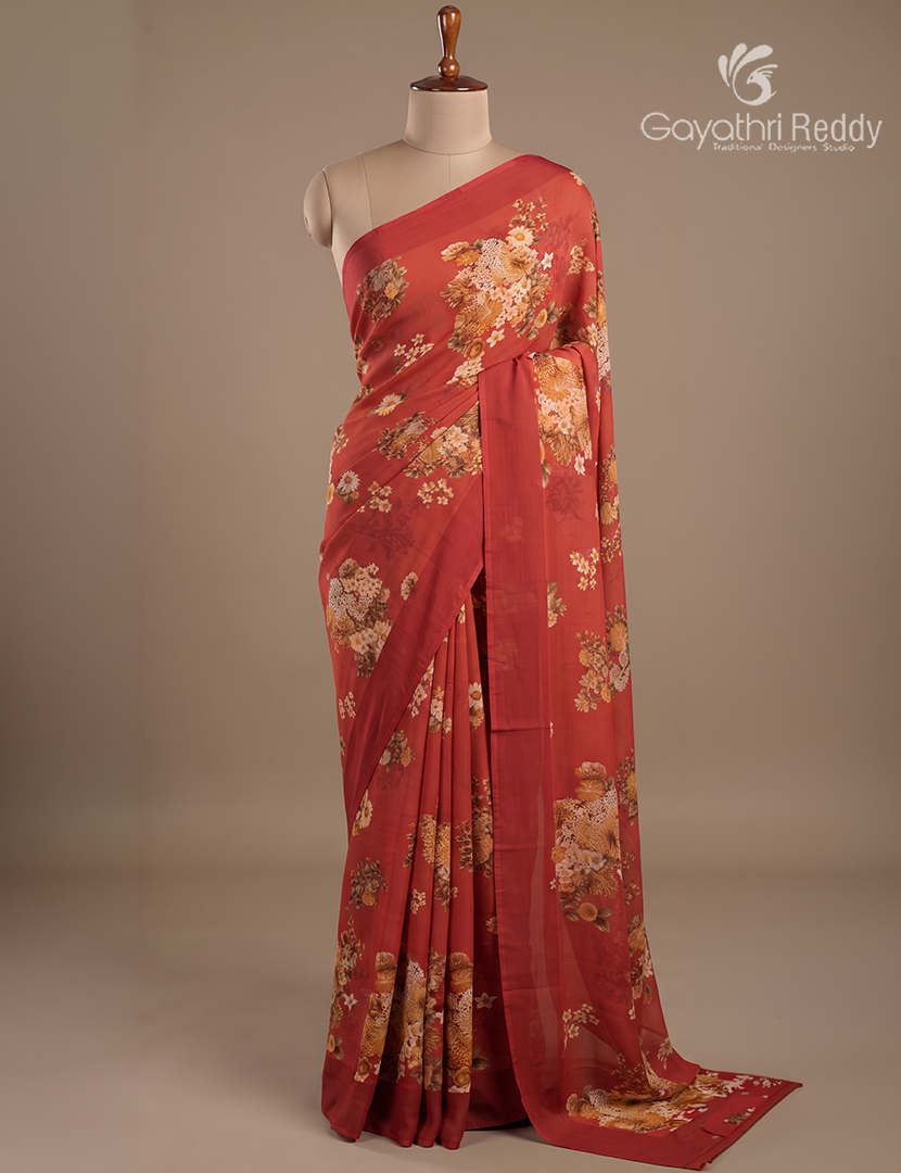 Pure Crepe Silk Saree in Deep Rust and Maroon Red