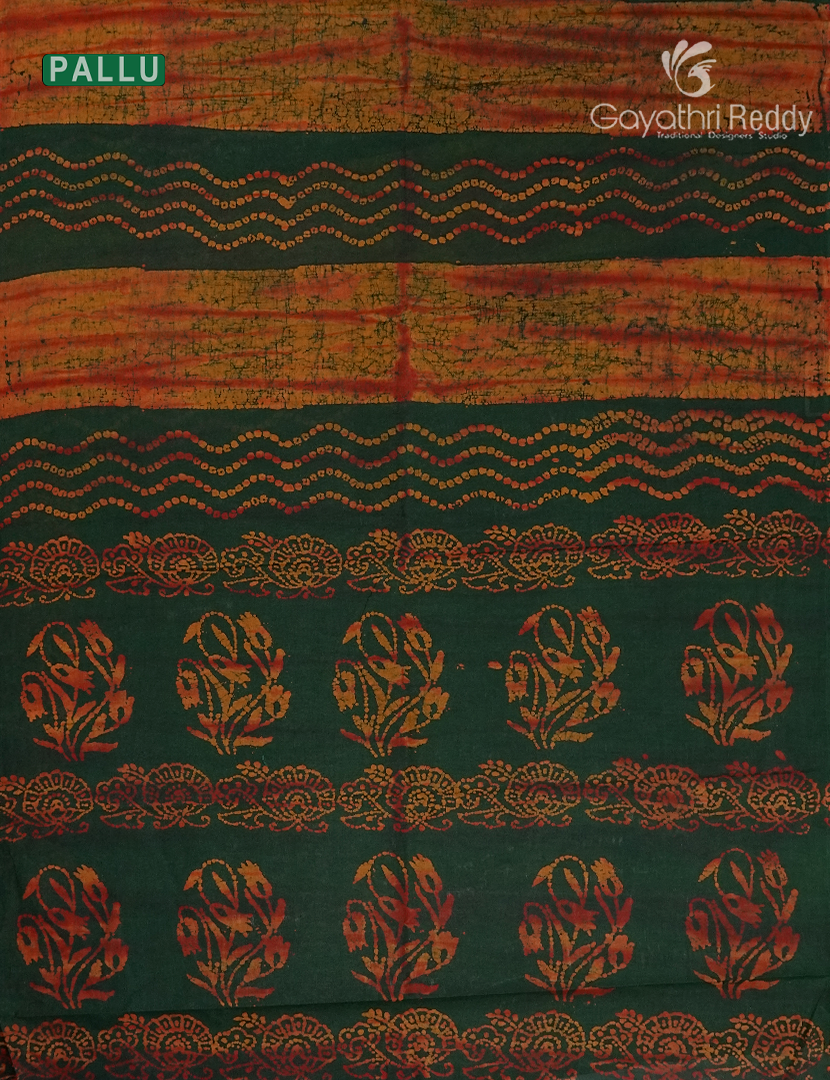 Cotton Batik Print Saree in Bottle Green and Rust Orange
