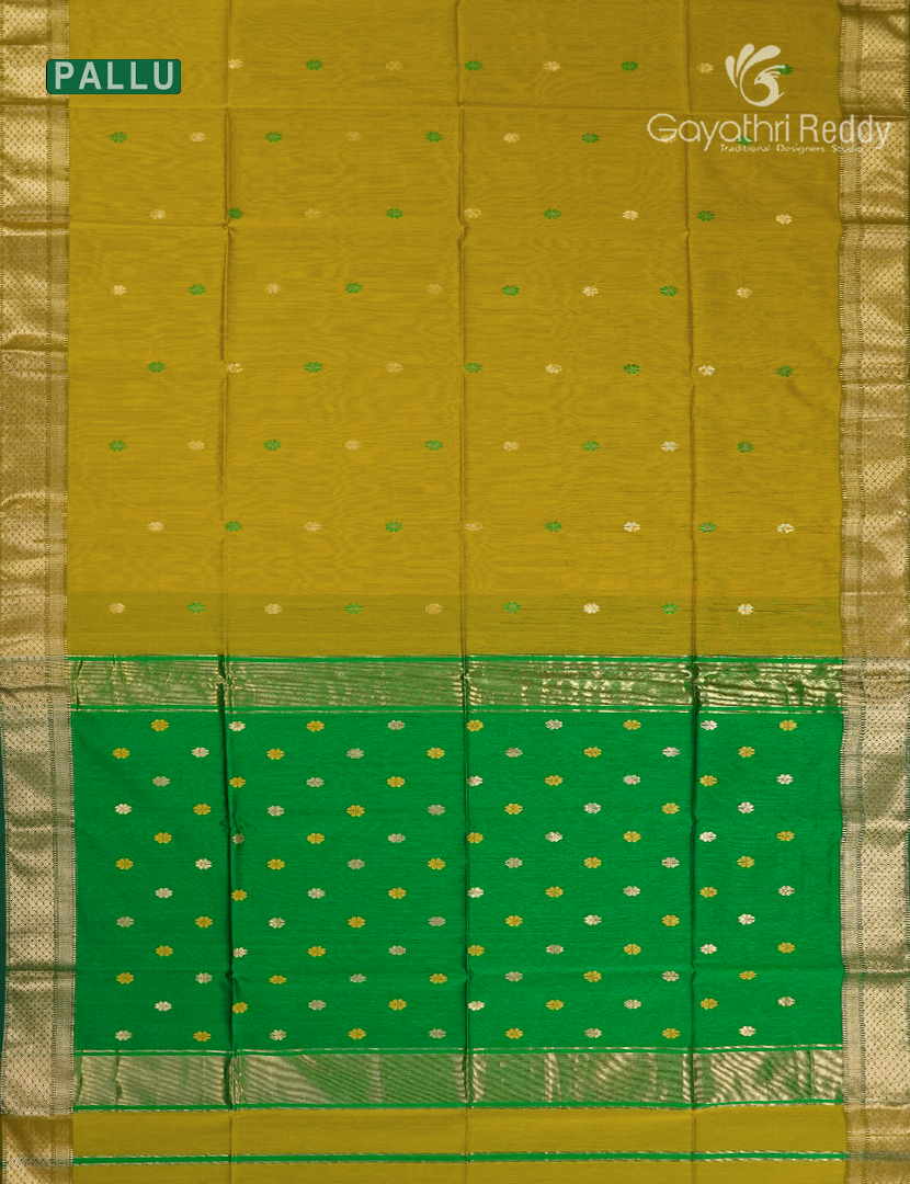 Pure Chanderi Sico Saree in Deep Mustard and Parrot Green