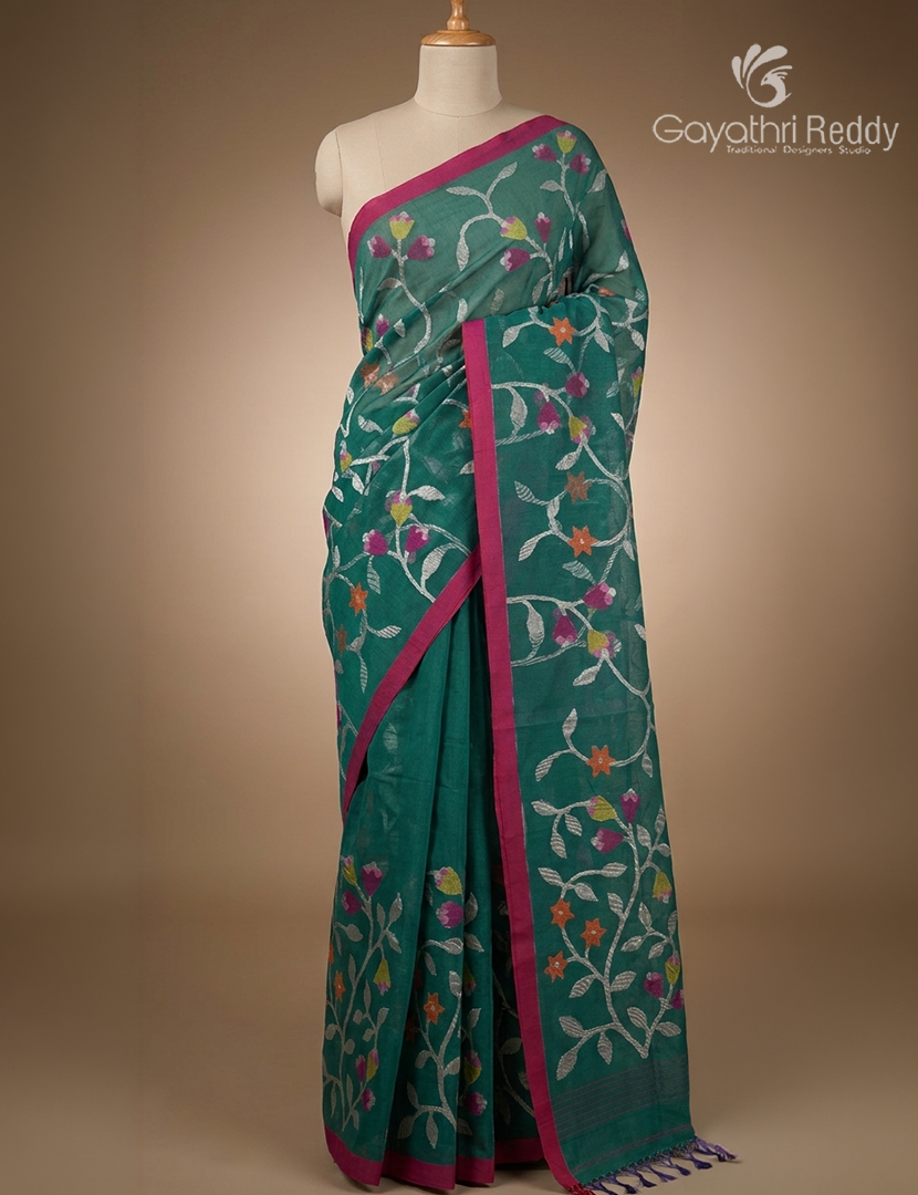 Pure Jamdani Kora Saree in Deep Rama Green