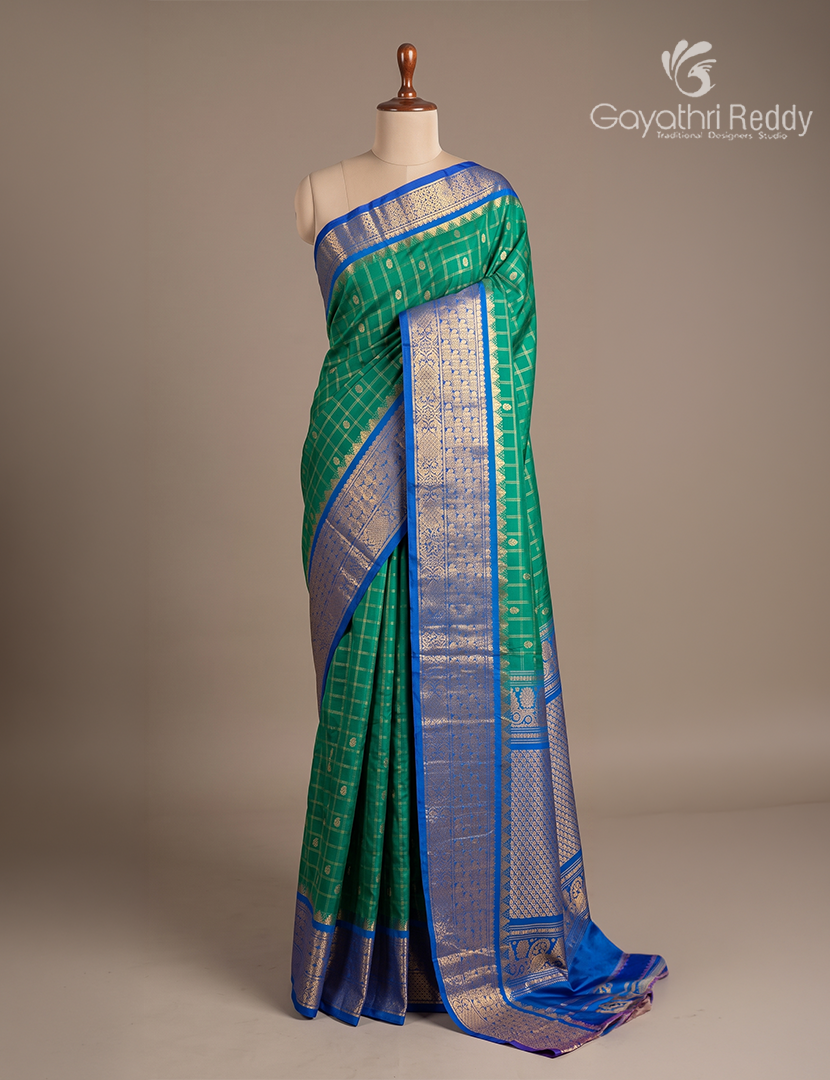 Pure Gadwal Silk Saree in Mango Green and Blue