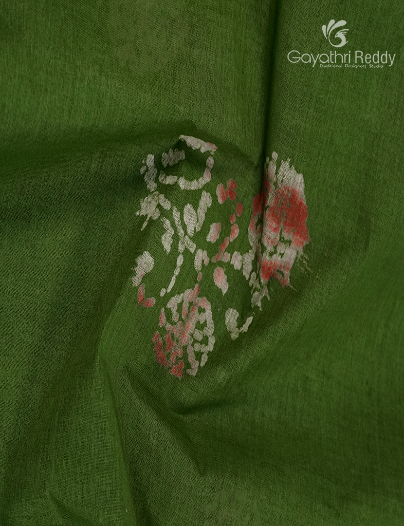 Cotton Batik Print Saree in Leaf Green