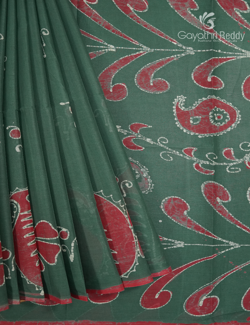 Cotton Batik Print Saree in Sage Green