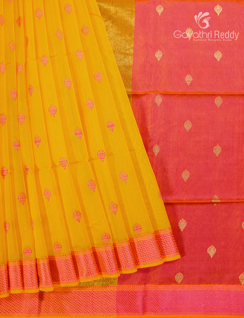 Pure Chanderi Sico Saree in Yellow and Orangish Peach