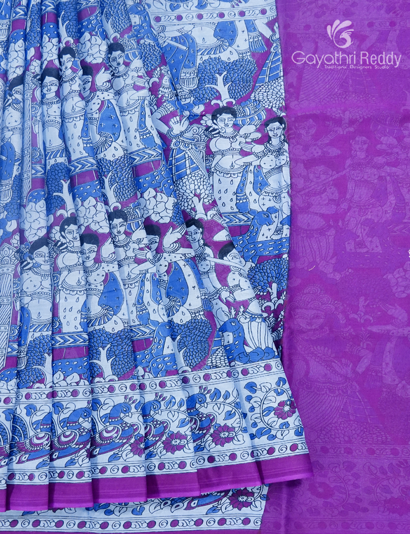 Pure MulMul Cotton Saree in PowderBlue and Magenta