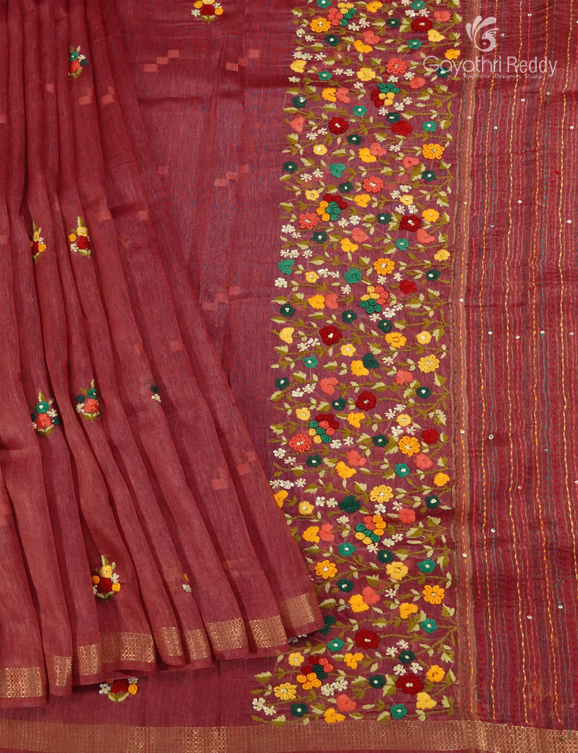 Pure Linen Saree in Deep Rust Red