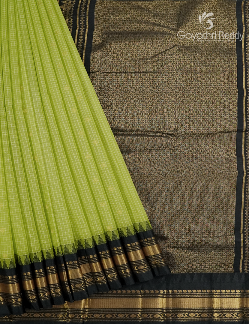 Pure Gadwal Cotton Saree in Apple Green and Black