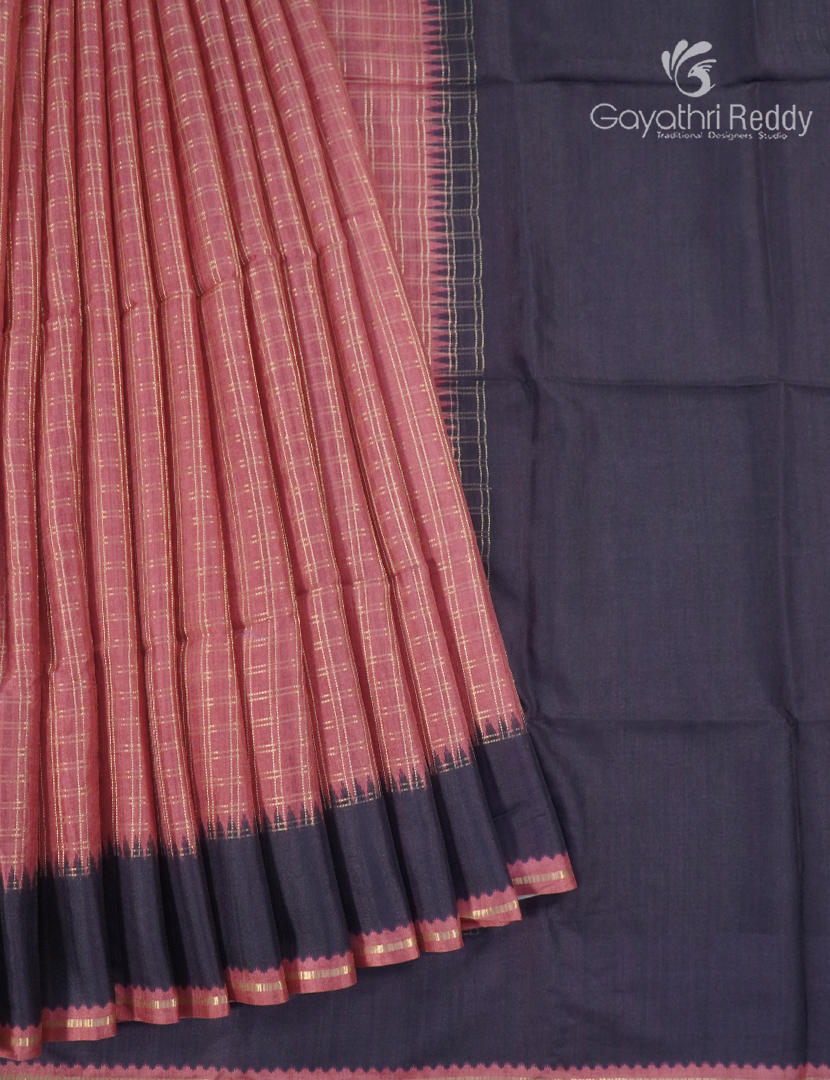 Semi Tussar Saree in Peach and Deep Navy Blue