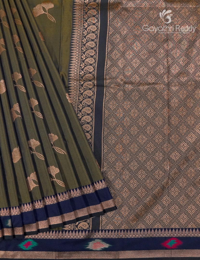 Semi Kanchipuram Art Silk Saree in Deep Olive Green and Black