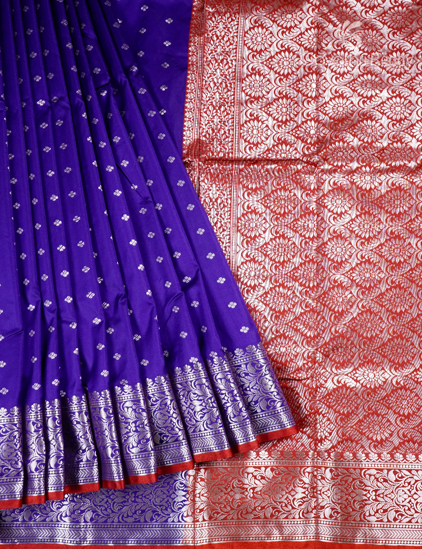 Semi Banaras Katan Silk Saree in Royal Blue and Red