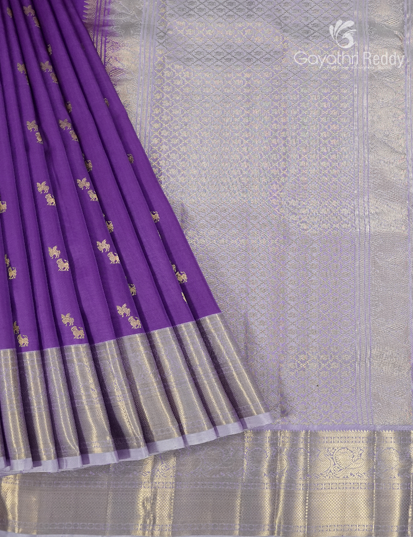 Pure Kanchipuram Silk Saree in Deep Violet and Lavender  (Broad Borders )