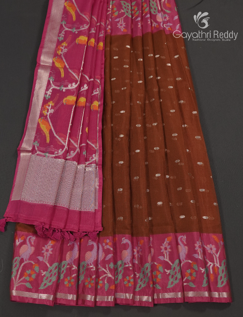 Banaras Kota Lehanga Set in Brown and Rani Pink