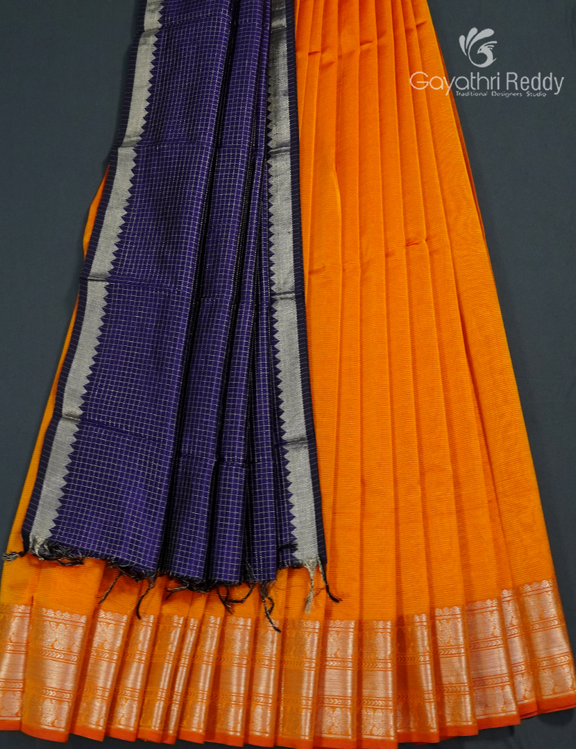 Pure Mangalagiri  Langa Voni Set in Orange and Navy Blue
