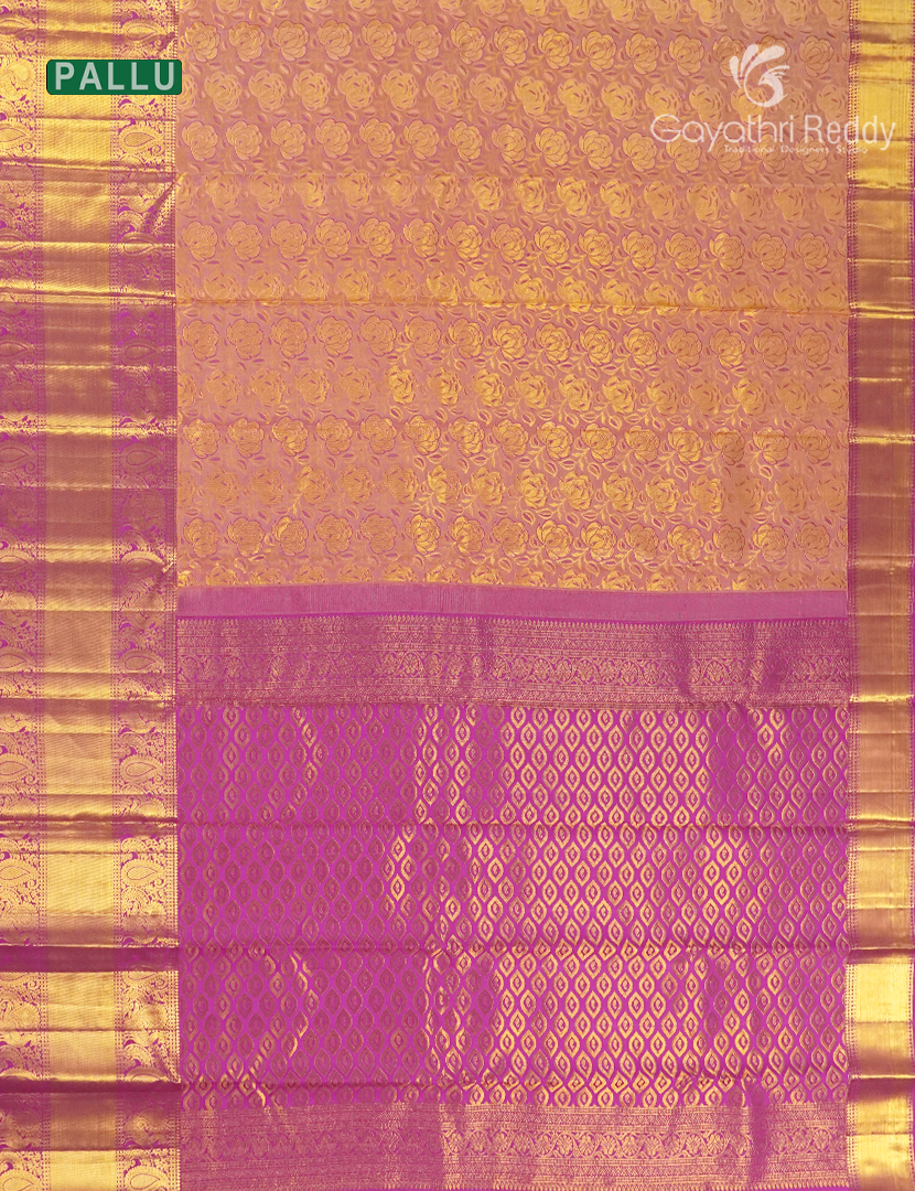 Pure Kanchipuram Silk Bridal Saree in Dual tone of Peach and Magenta Pink