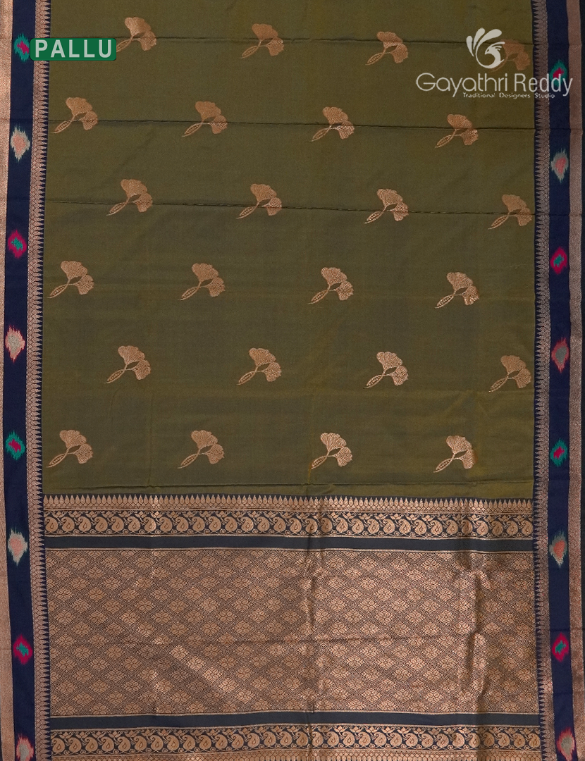 Semi Kanchipuram Art Silk Saree in Deep Olive Green and Black