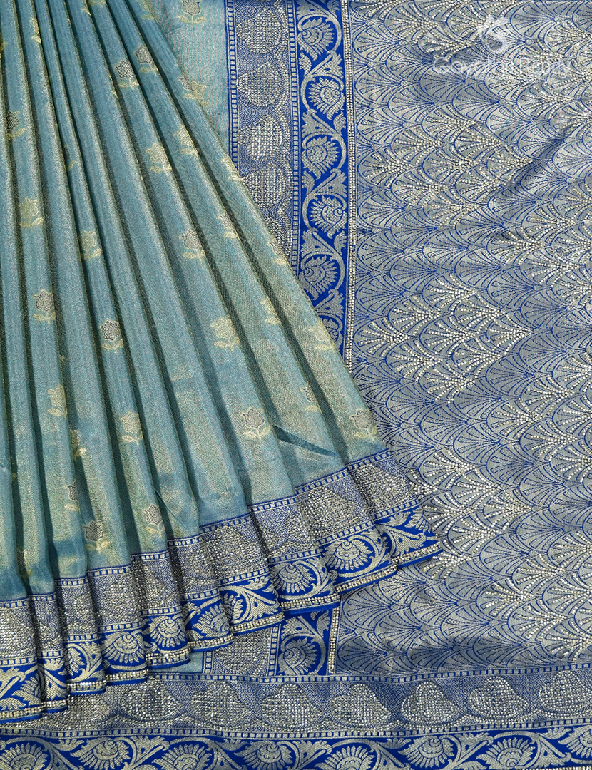 Semi Kanchipuram Silk Fancy Saree in Sea Blue and Indigo Blue