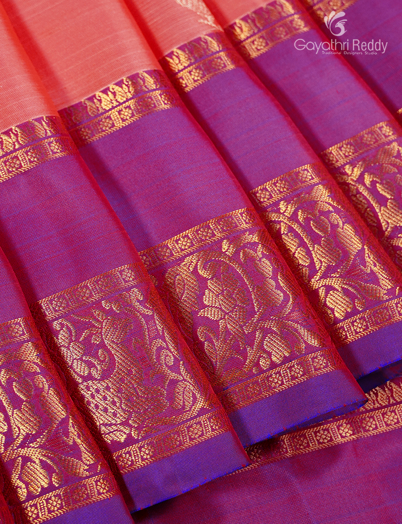 Pure Kanchipuram Silk Saree in Peach and Magenta