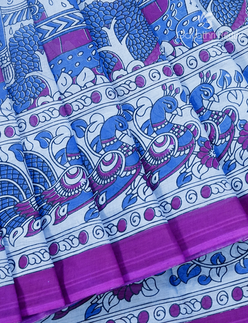 Pure MulMul Cotton Saree in PowderBlue and Magenta