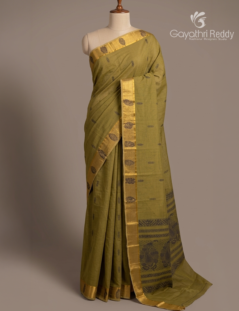 Pure Kanchi Cotton Saree in Mehendi Green