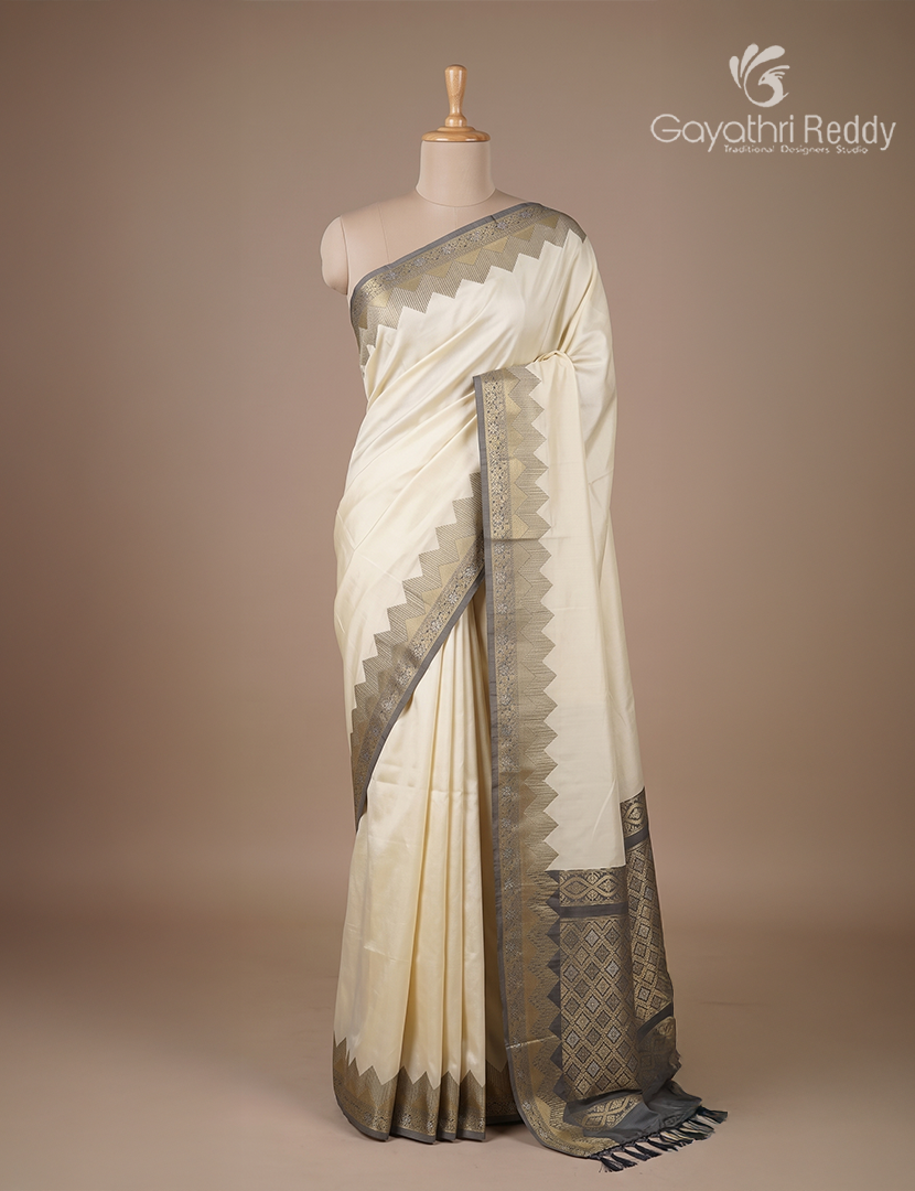 Semi Kanchipuran Silk Saree in Cream and  Grey