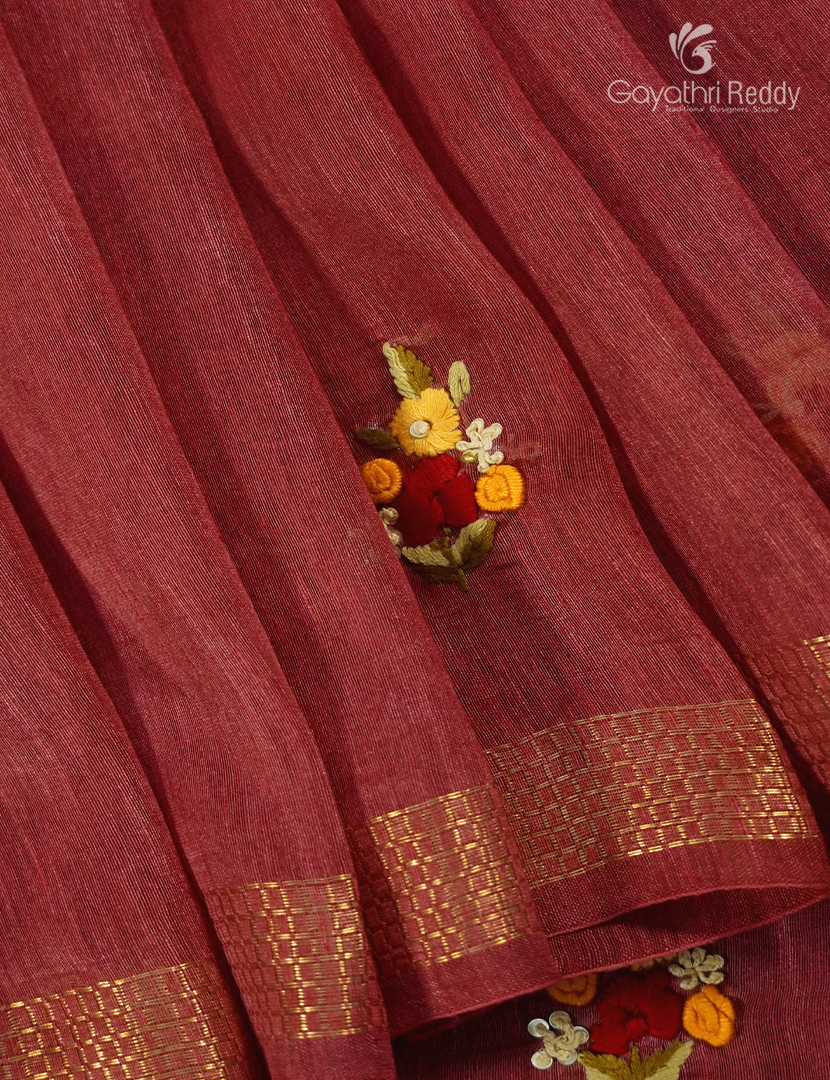 Pure Linen Saree in Deep Rust Red