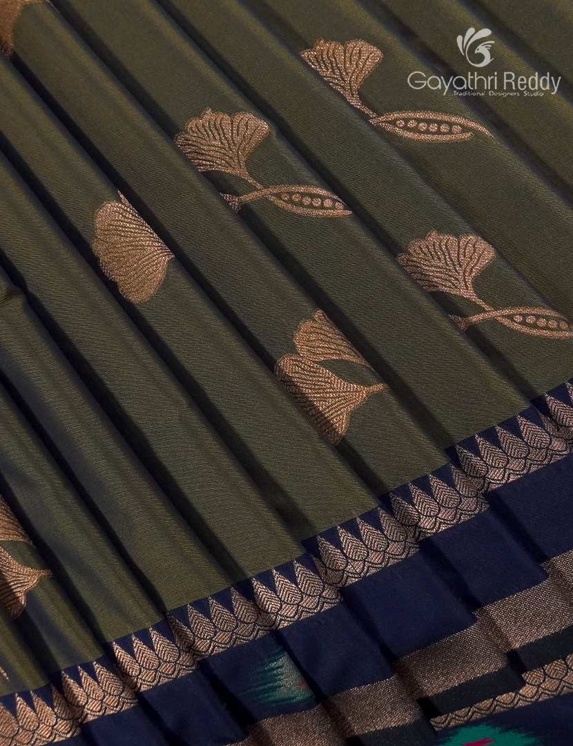 Semi Kanchipuram Art Silk Saree in Deep Olive Green and Black