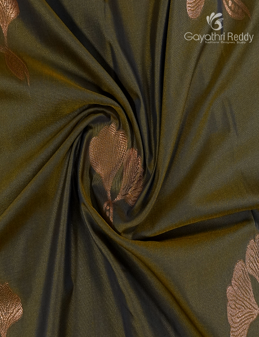 Semi Kanchipuram Art Silk Saree in Deep Olive Green and Black