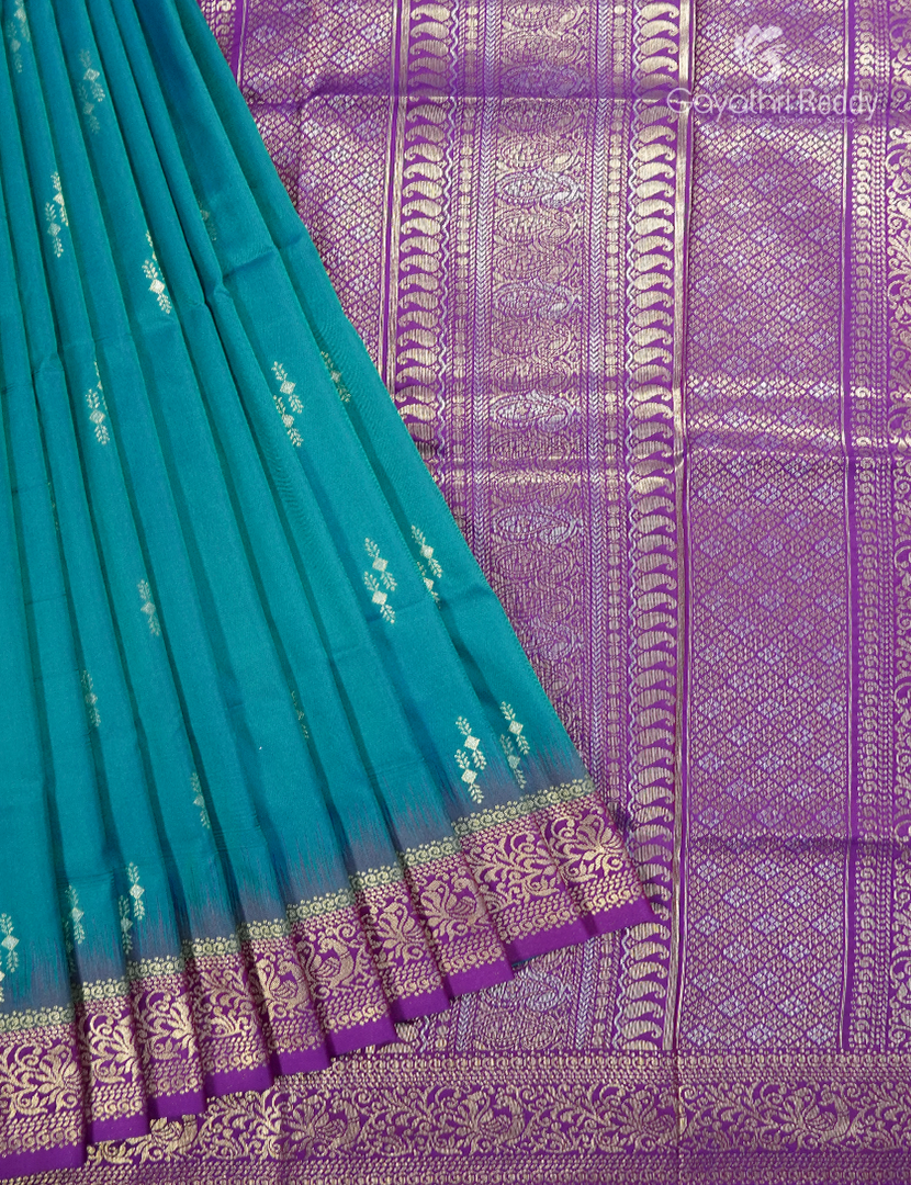 Semi Kanchipuran Silk Saree in Deep Peacock Blue and  Purple
