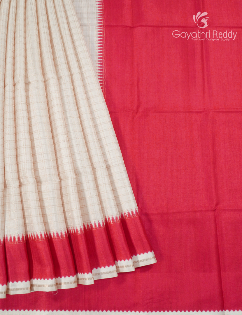 Semi Tussar Saree in Cream and Red