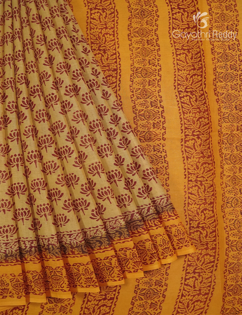 Cotton Batik Print Saree in Light henna and Mustard