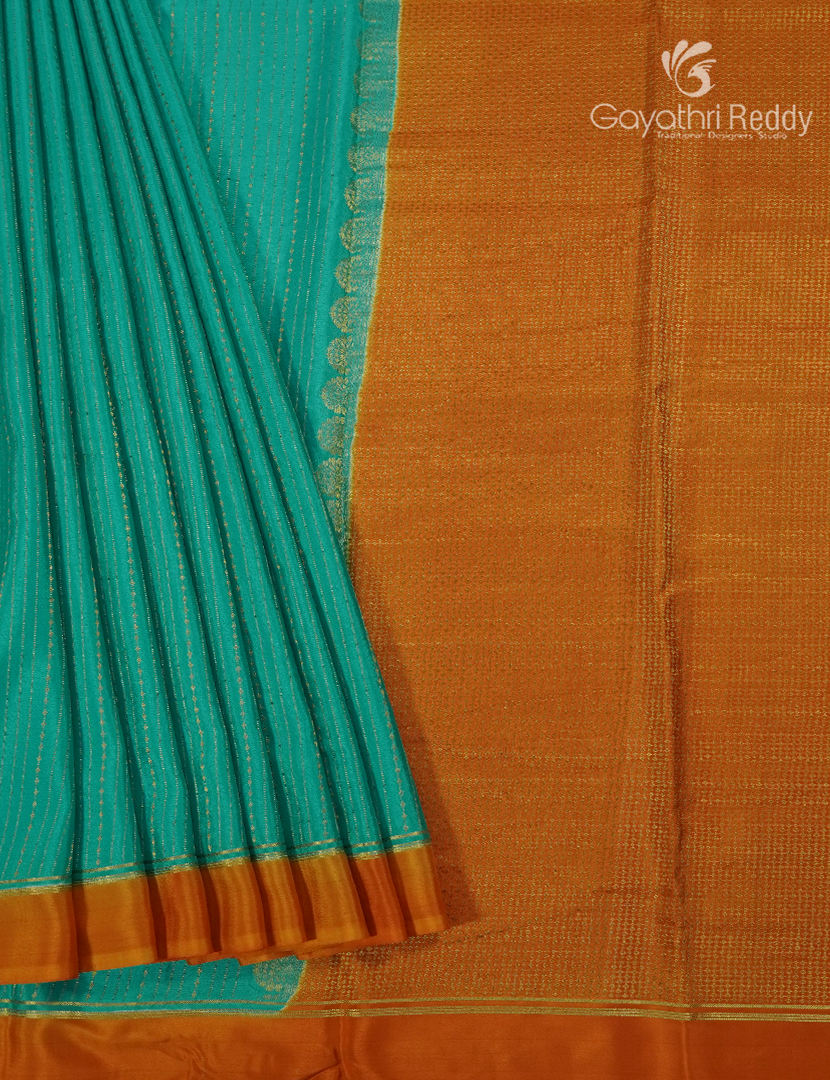 Pure Mysore Silk Saree in Sea Green and Rust Orange