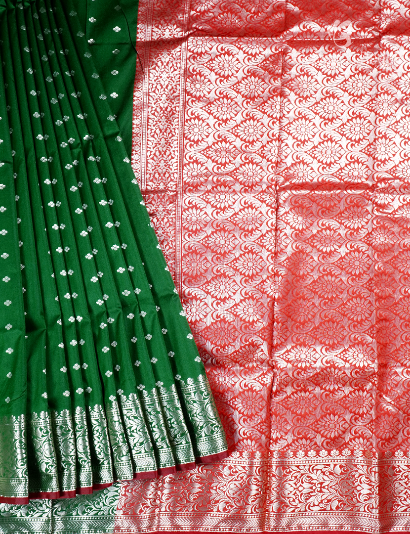 Semi Banaras Katan Silk Saree in Bottel Green and Orange  Re