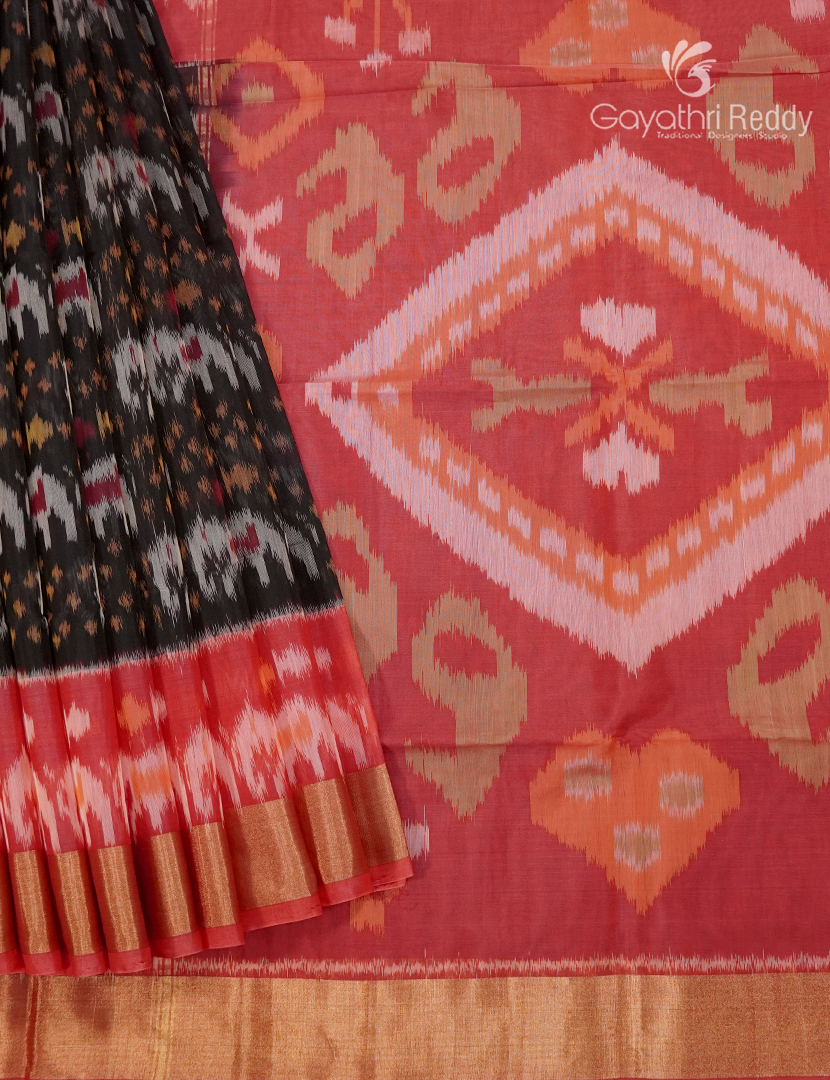 Kanchipuram Sico Saree in Black and Peachish Orange