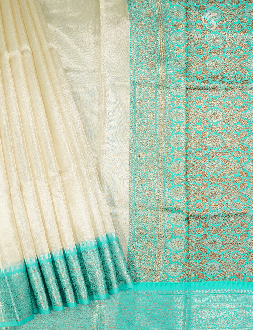 Semi Tissue Gadwal Saree in Cream and Sea Blue