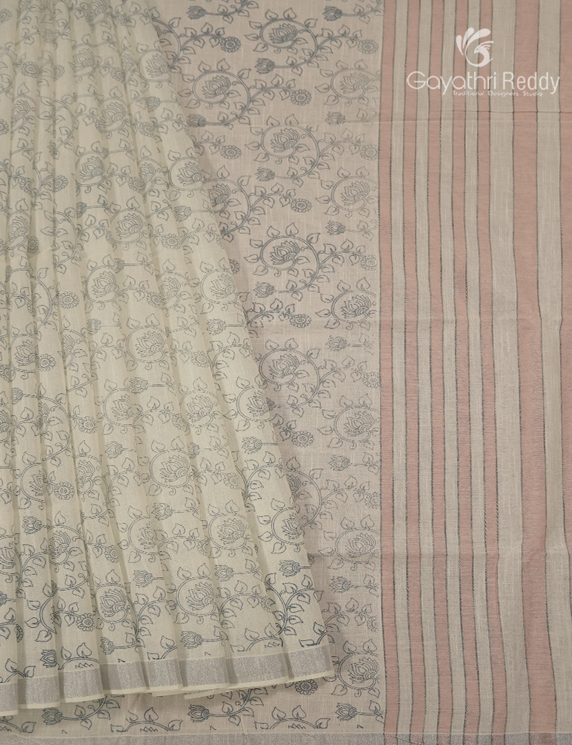 Pure Kanchi Cotton Printed Saree in Ivory and Peach
