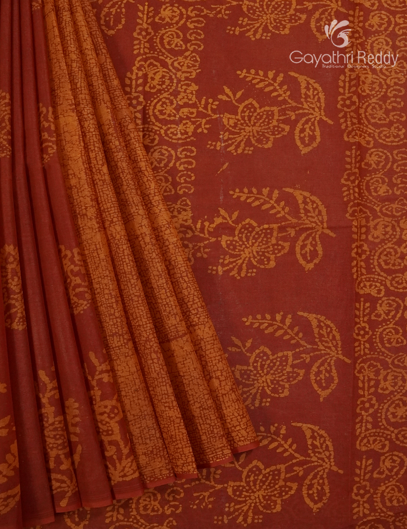 Cotton Batik Print Saree in Rust and Orange