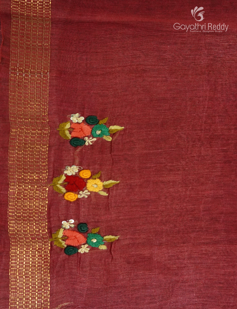Pure Linen Saree in Deep Rust Red