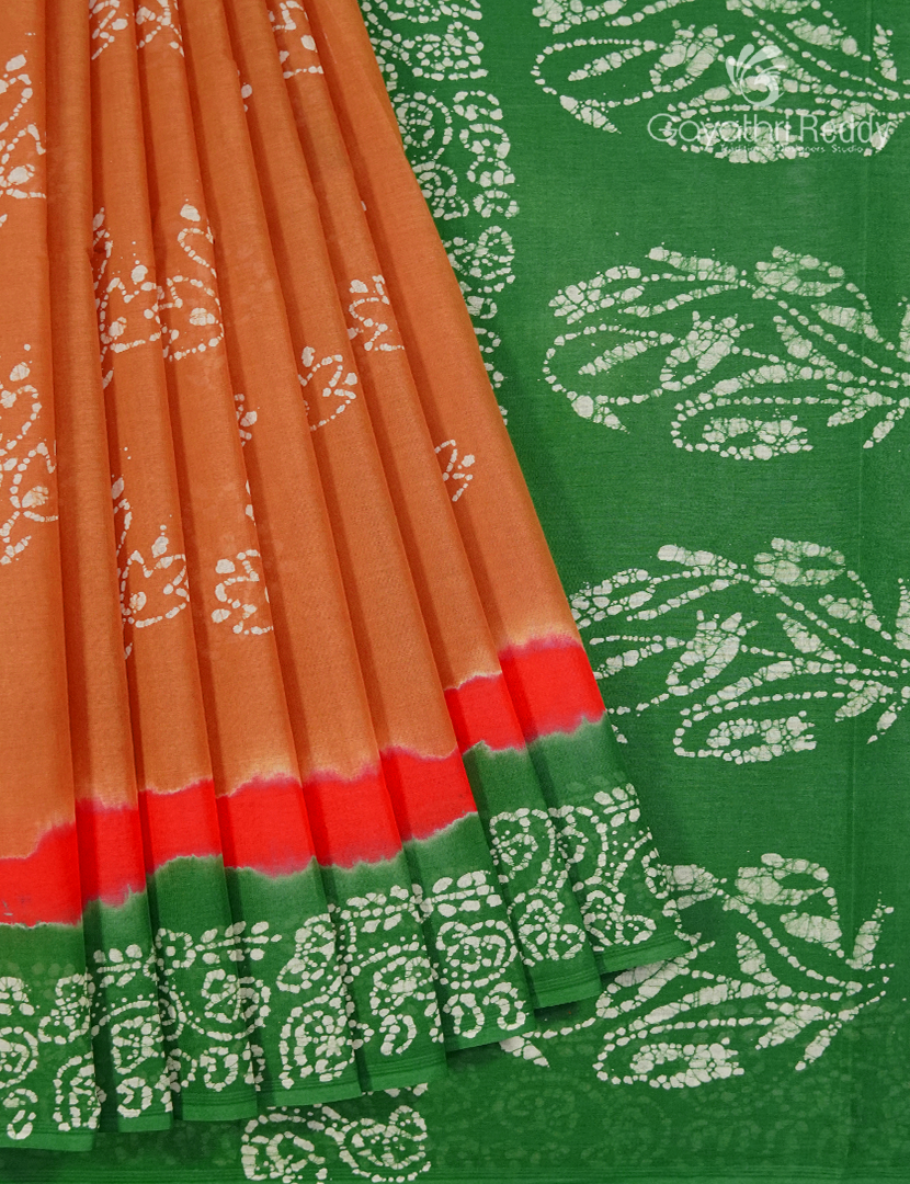 Cotton Batik Print Saree in Orange and Parrot Green