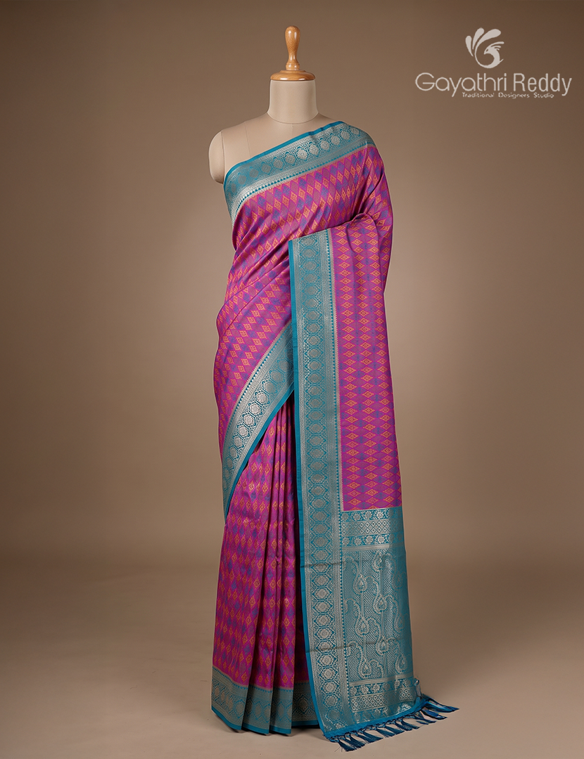 Semi Kanchipuran Silk Saree in Deep Magenta and  Rama Blue