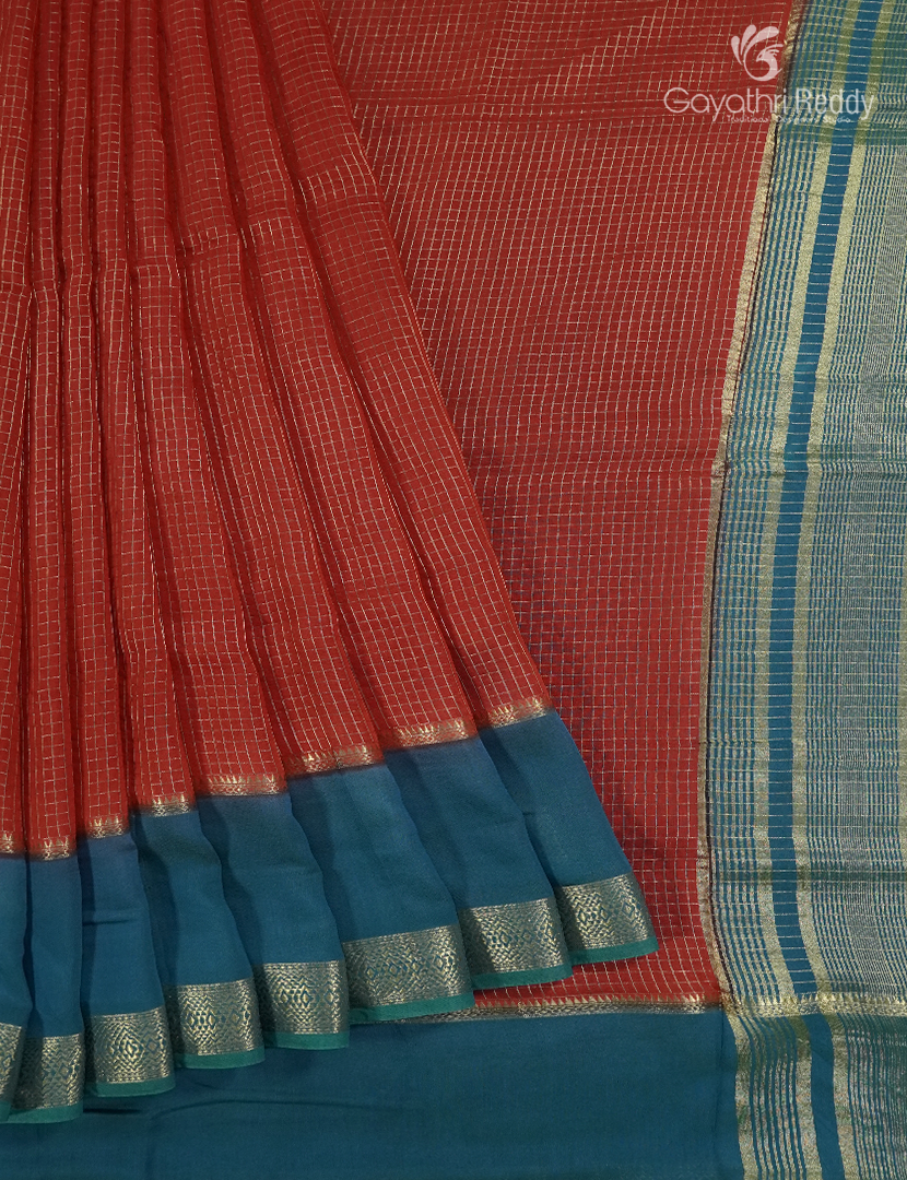 Semi Mysore Crepe Saree in Red and Peacock Blue