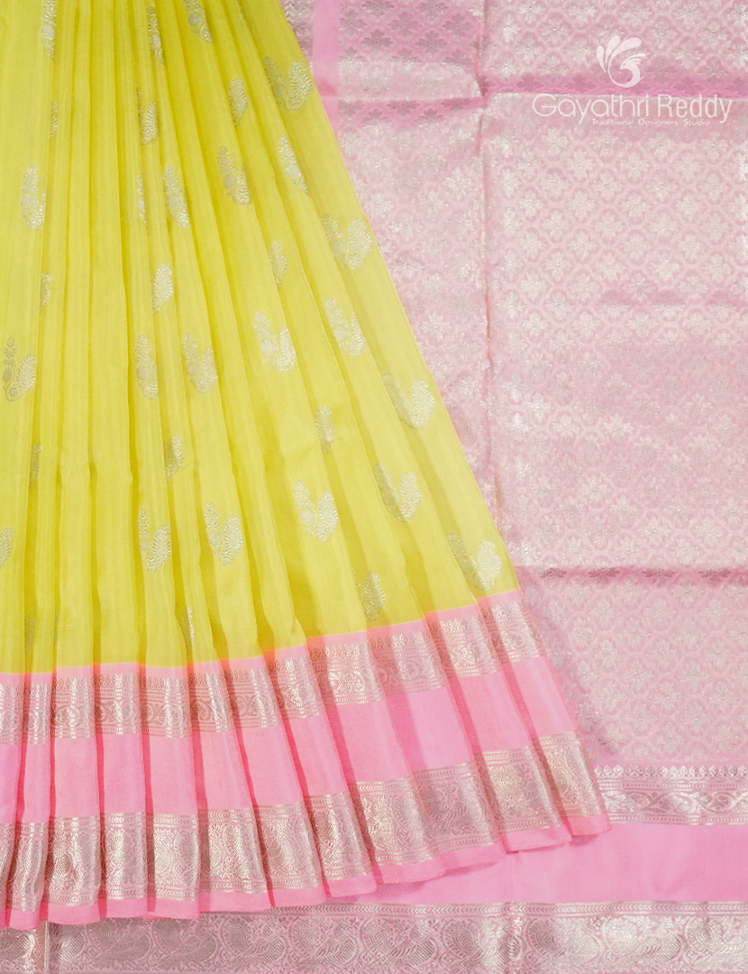 Pure Venkatagiri Silk Saree in Lime Yellow and Pastel Pink