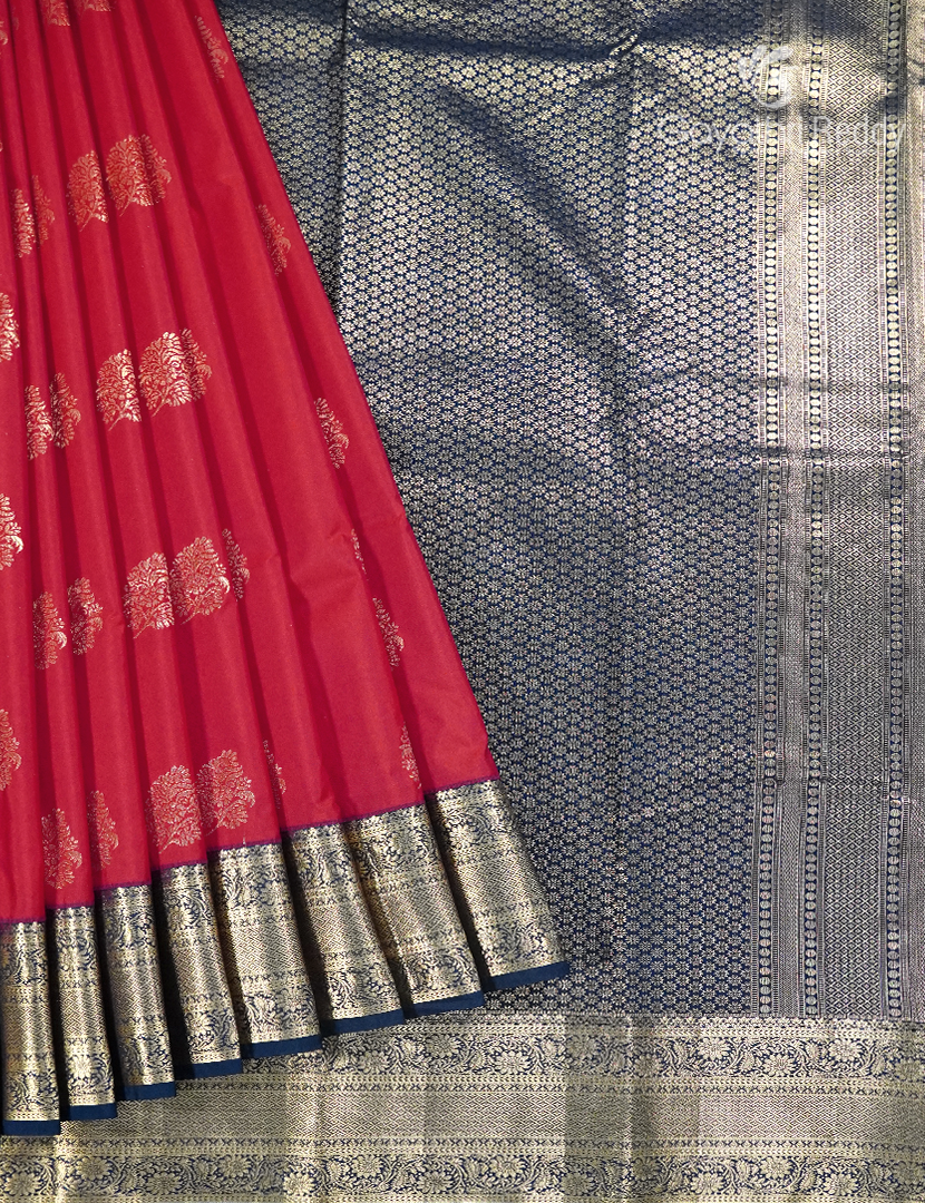 Semi Kanchipuram Silk Saree Cherry Red and Deep Peacock Blue