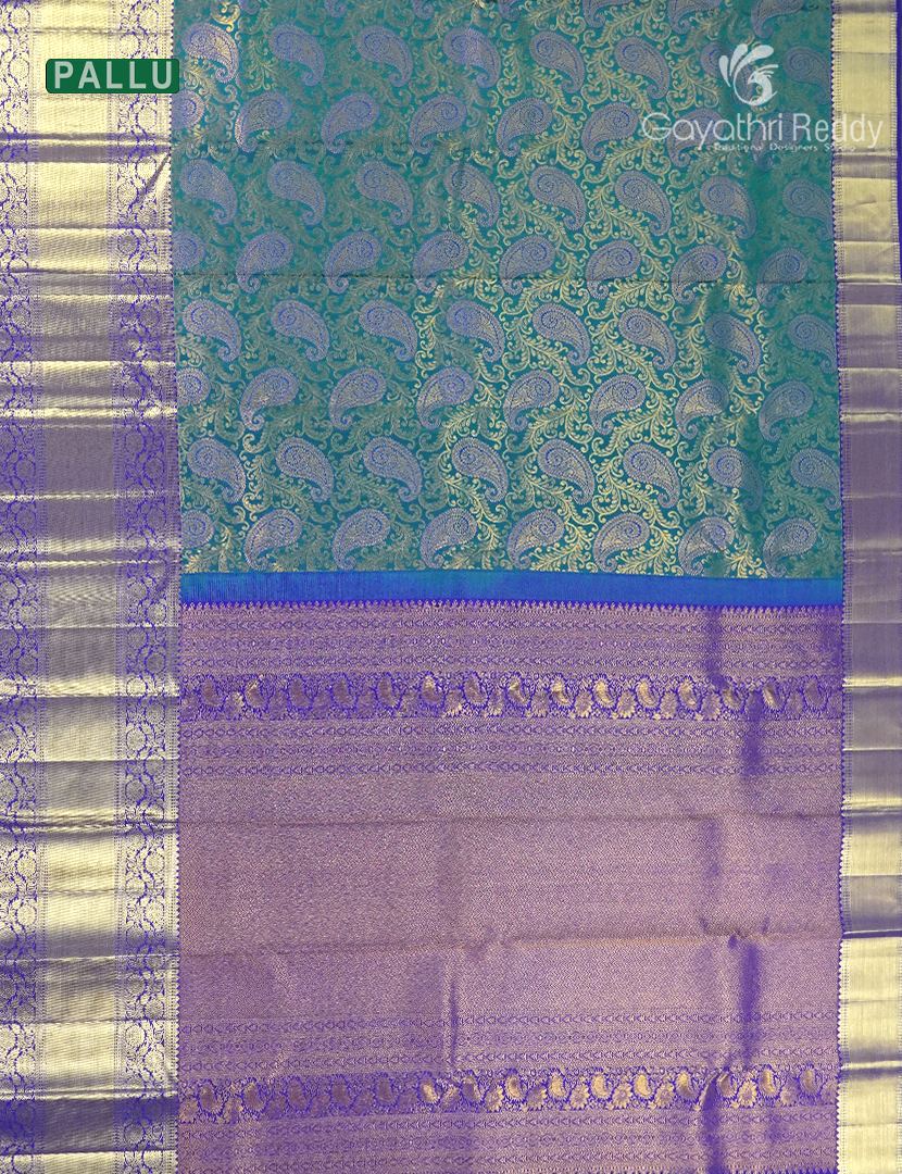 Pure Kanchipuram Silk Bridal Saree in Dual tone of Peacock blue and Peacock Green