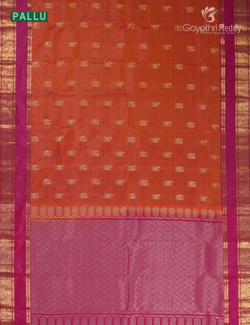 Pure Kanchipuram Silk Saree in Orange and Rani Pink