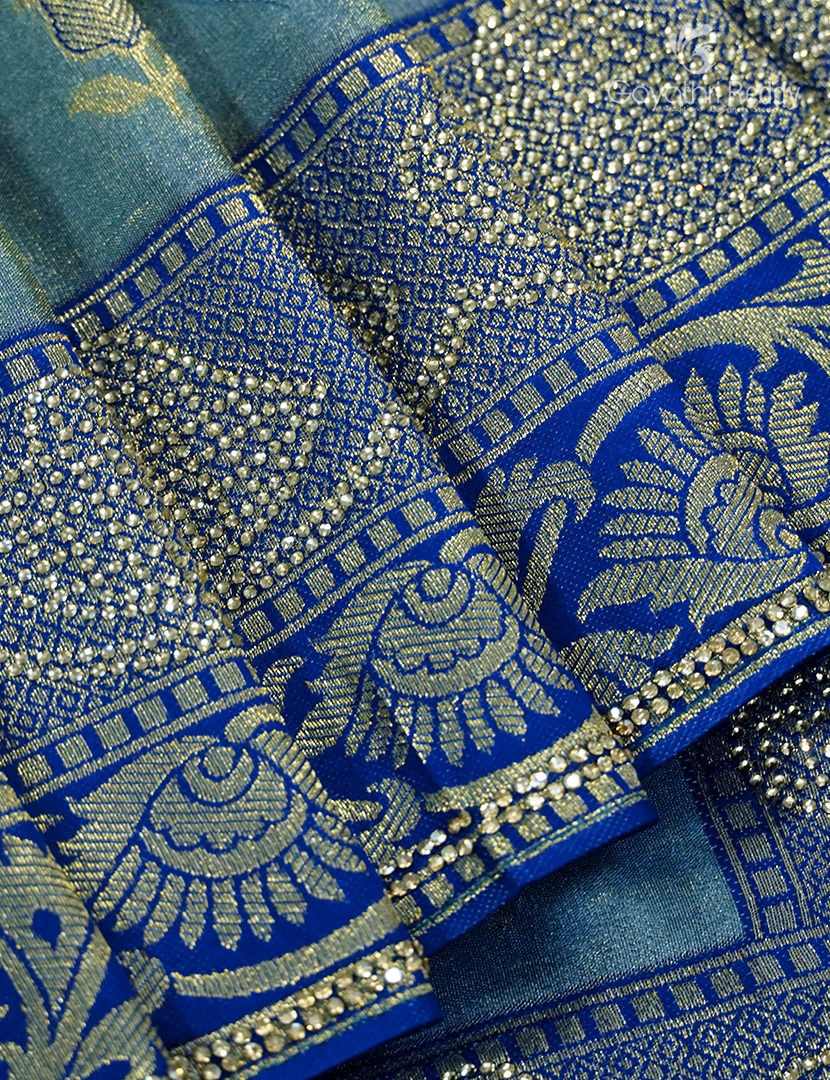 Semi Kanchipuram Silk Fancy Saree in Sea Blue and Indigo Blue