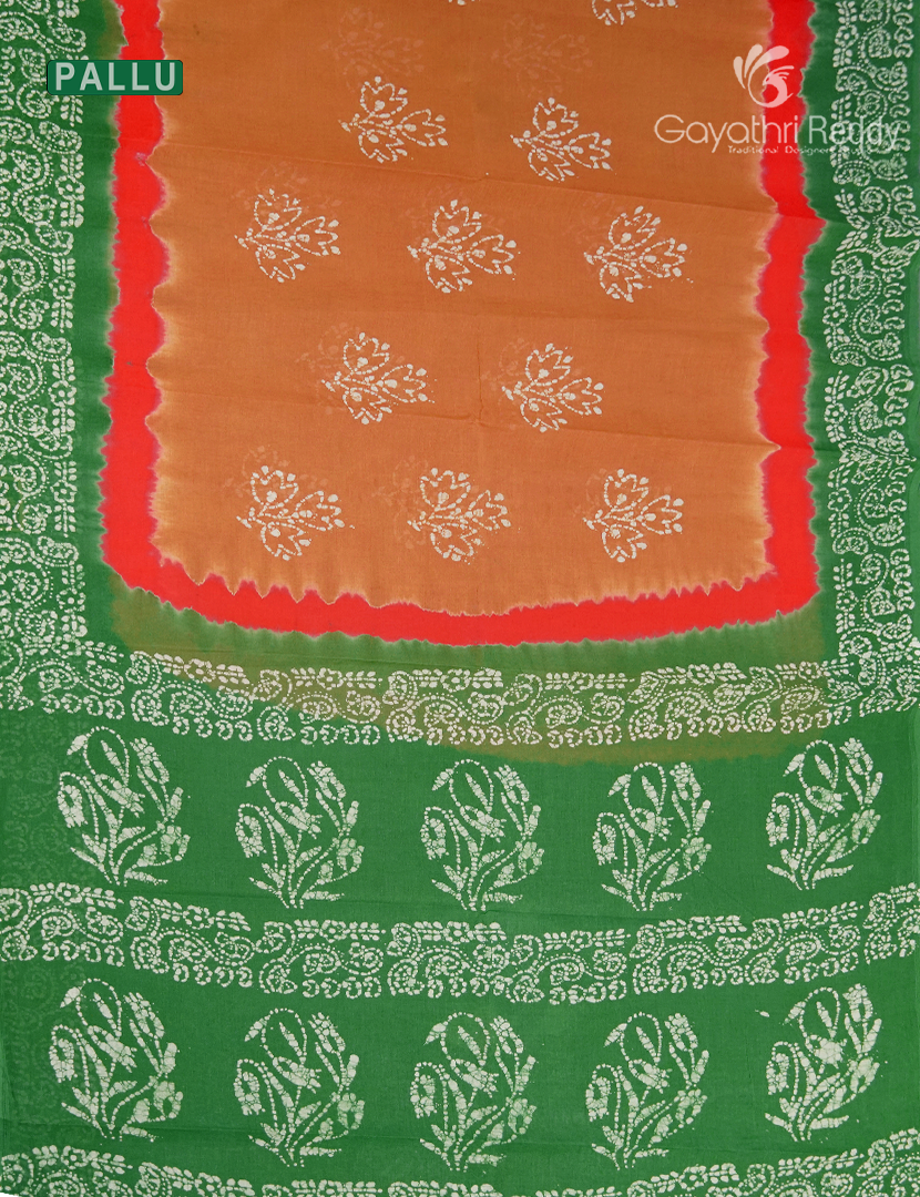 Cotton Batik Print Saree in Orange and Parrot Green